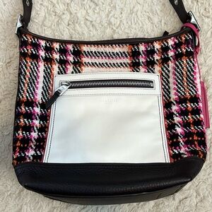 Coach Legacy shoulder bag in boucle wool and smooth creamy leather.